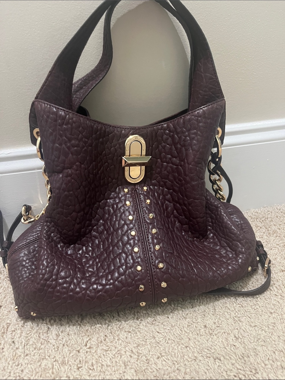 Michael Kors Pebbled Leather Hobo in Deep Burgundy with Gold Hardware